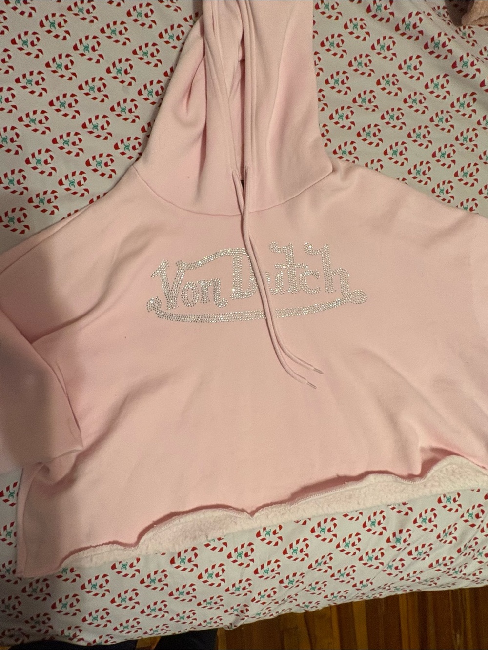 Von Dutch Light Pink Rhinestone Cropped Hoodie